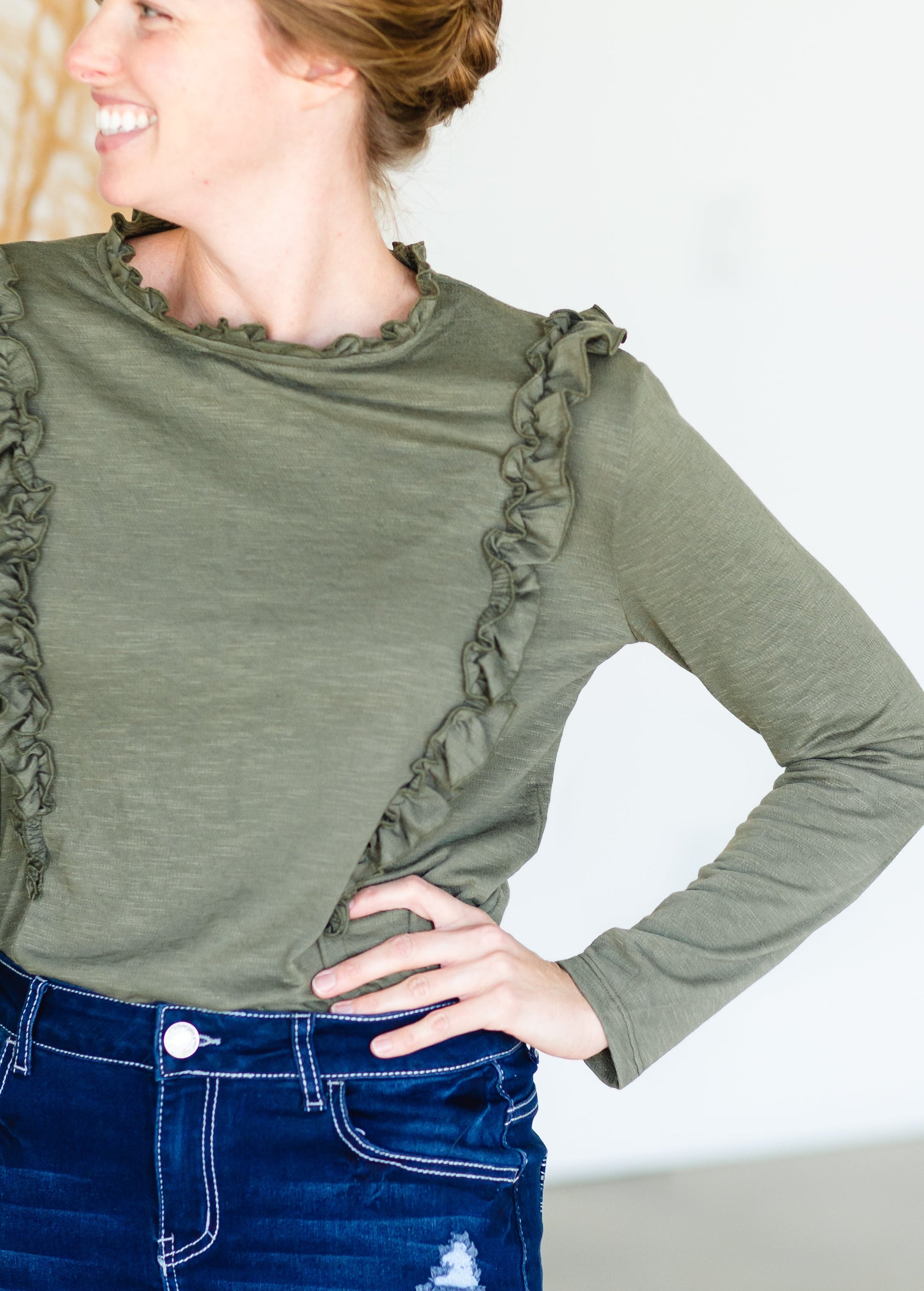 Olive Long Sleeve Ruffle Top - FINAL SALE Shirt