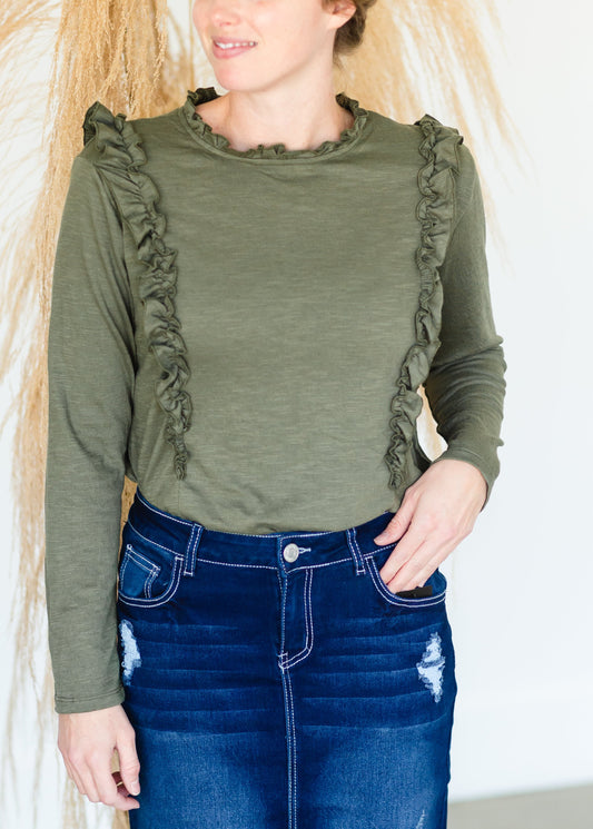 Olive Long Sleeve Ruffle Top - FINAL SALE Shirt