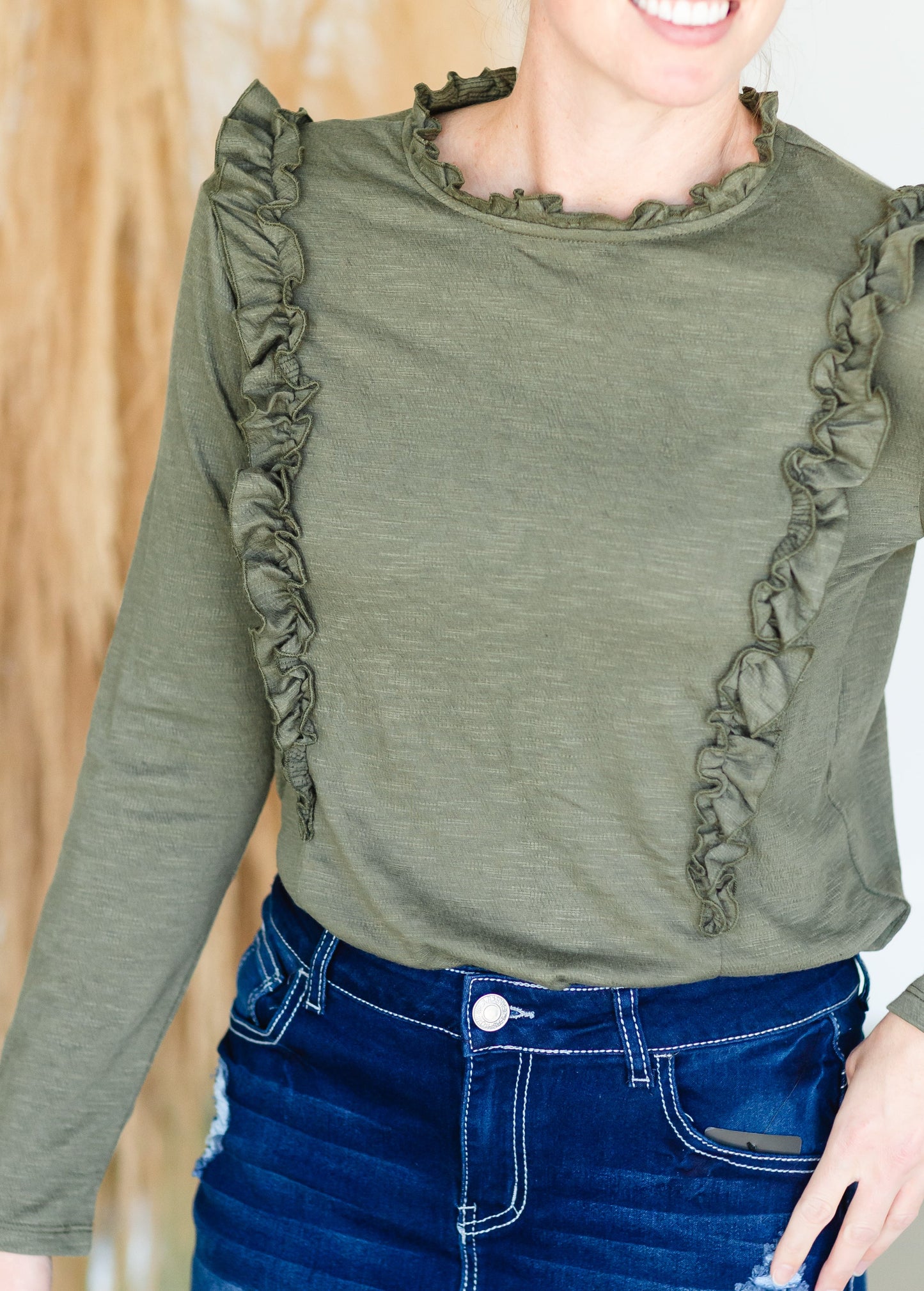 Olive Long Sleeve Ruffle Top - FINAL SALE Shirt