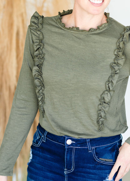 Olive Long Sleeve Ruffle Top - FINAL SALE Shirt