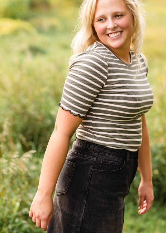 Olive + Pink Ribbed Striped Top - FINAL SALE Tops