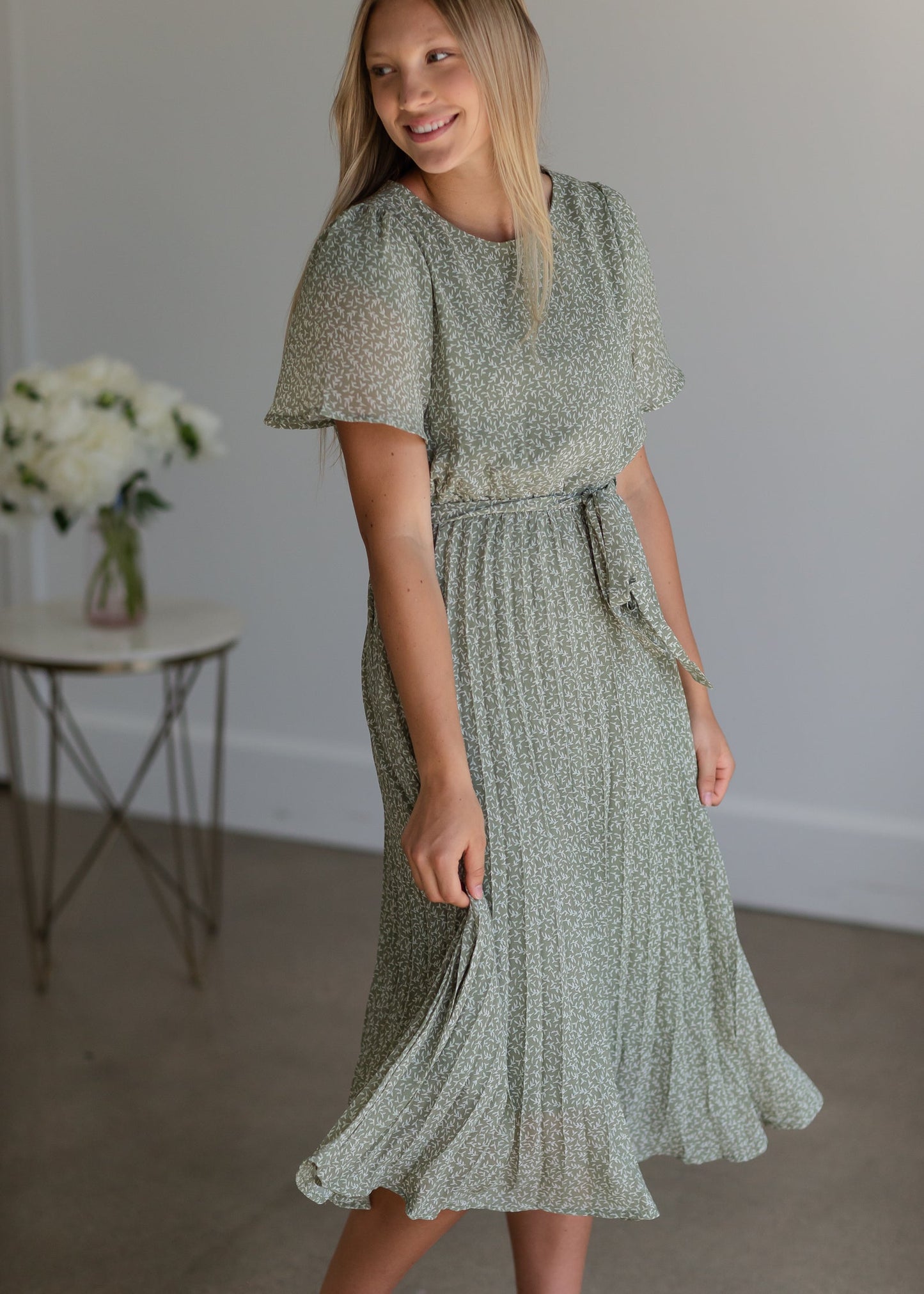 Olive Pleated Midi Dress w/Belt Dresses