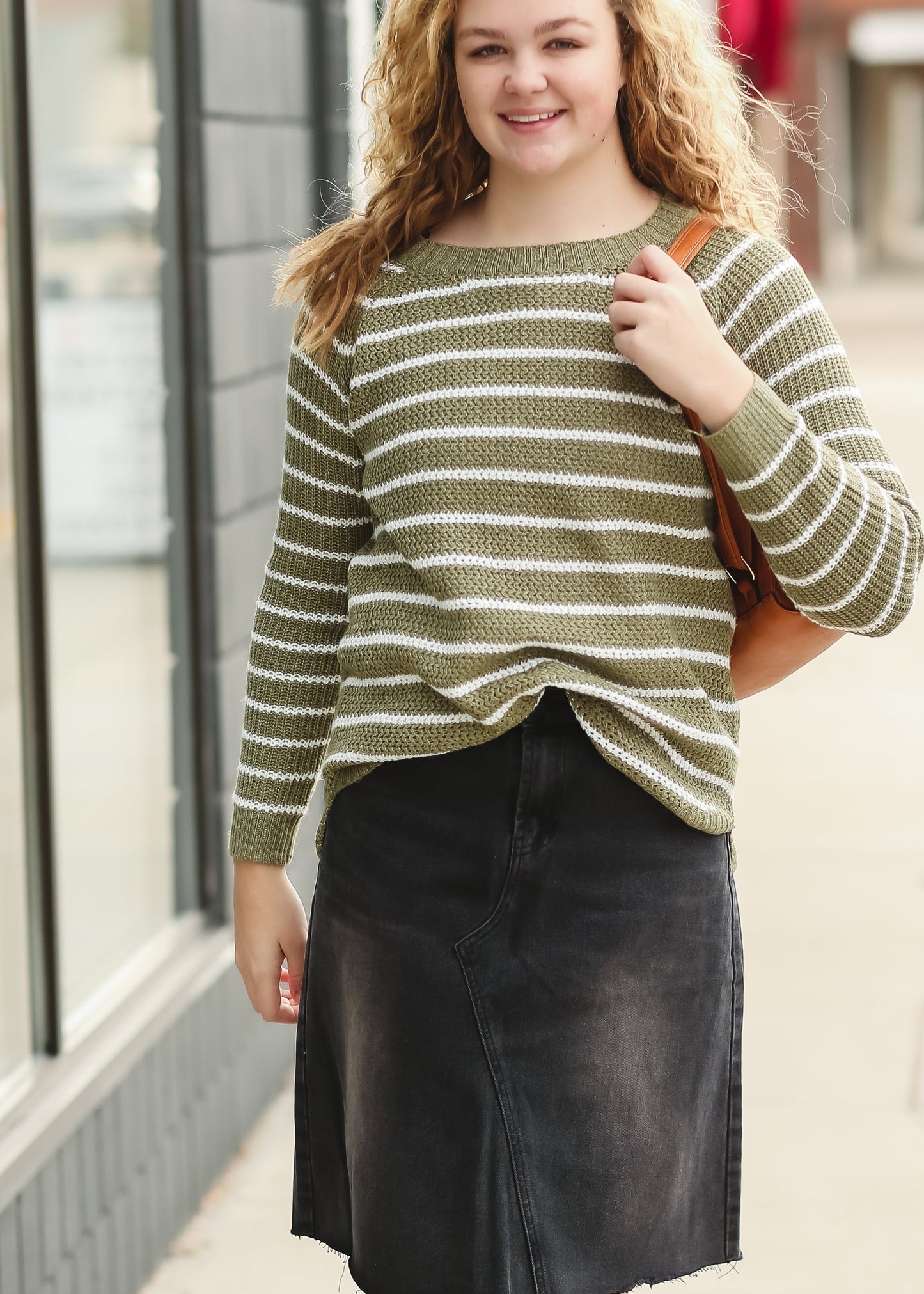 Olive Striped Tulip Hem Sweater - FINAL SALE Tops