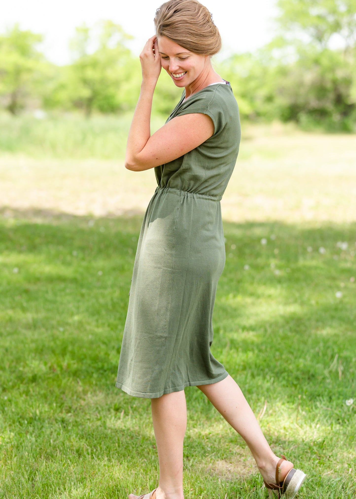 Olive V-Neck Tie Waist Midi Dress Dresses