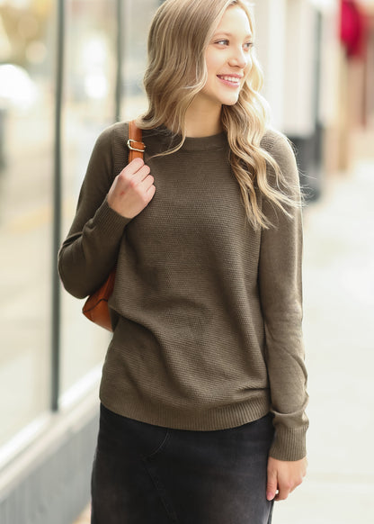 Olive Waffle Weave Textured Sweater Tops