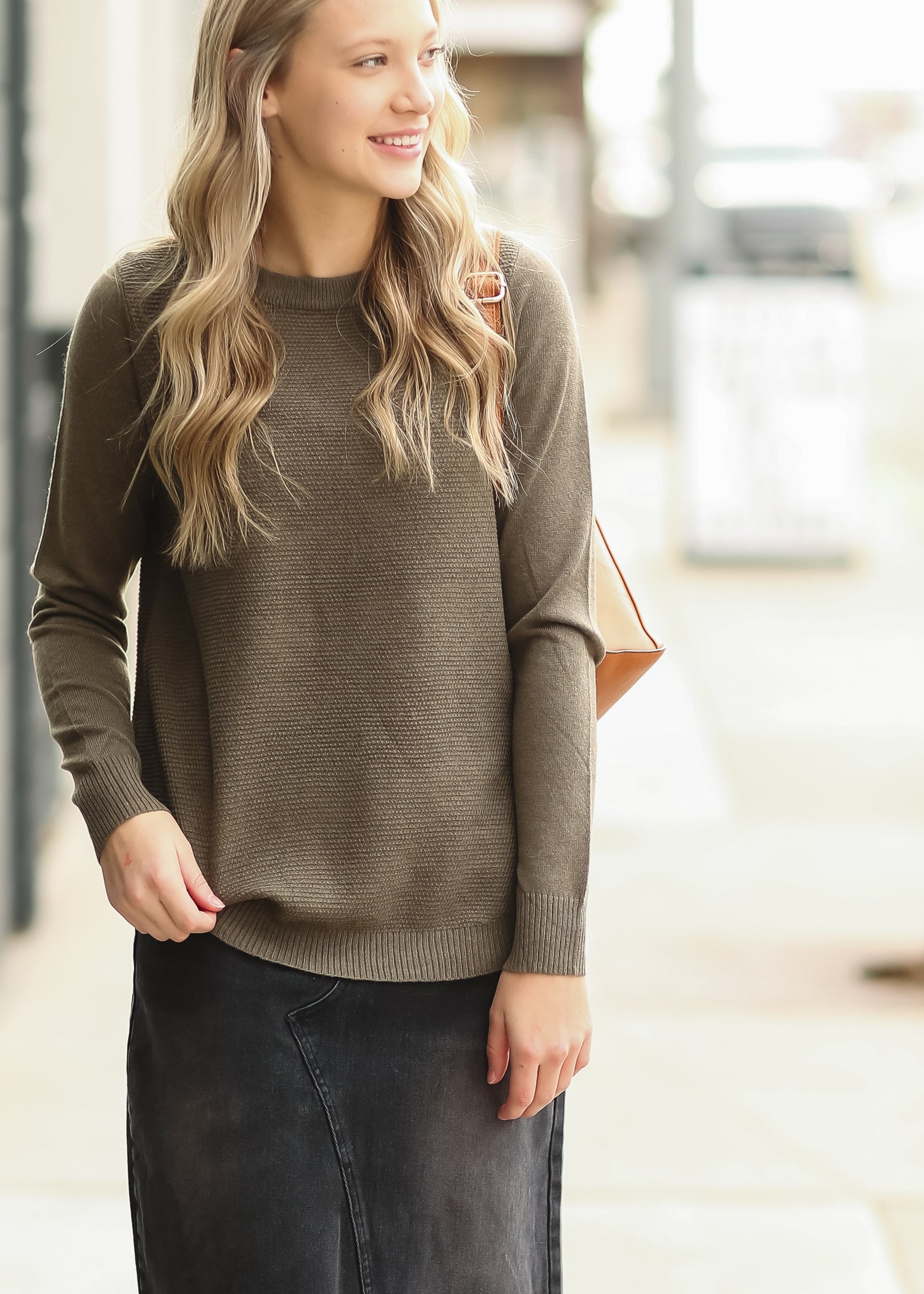 Olive Waffle Weave Textured Sweater Tops