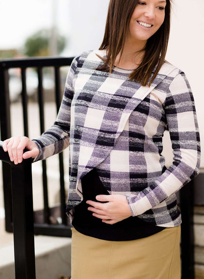 Women's modest black and taupe plaid raglan maternity shirt