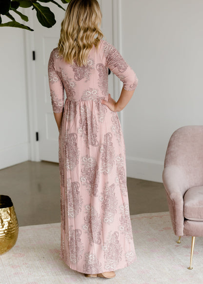 Paisley Print 3/4 Sleeve Maxi Dress Dresses