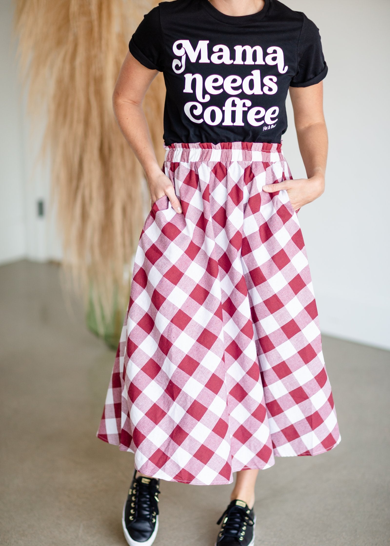 Paper-Bag Waist Gingham A-Line Pocket Midi Skirt Skirts Pologram