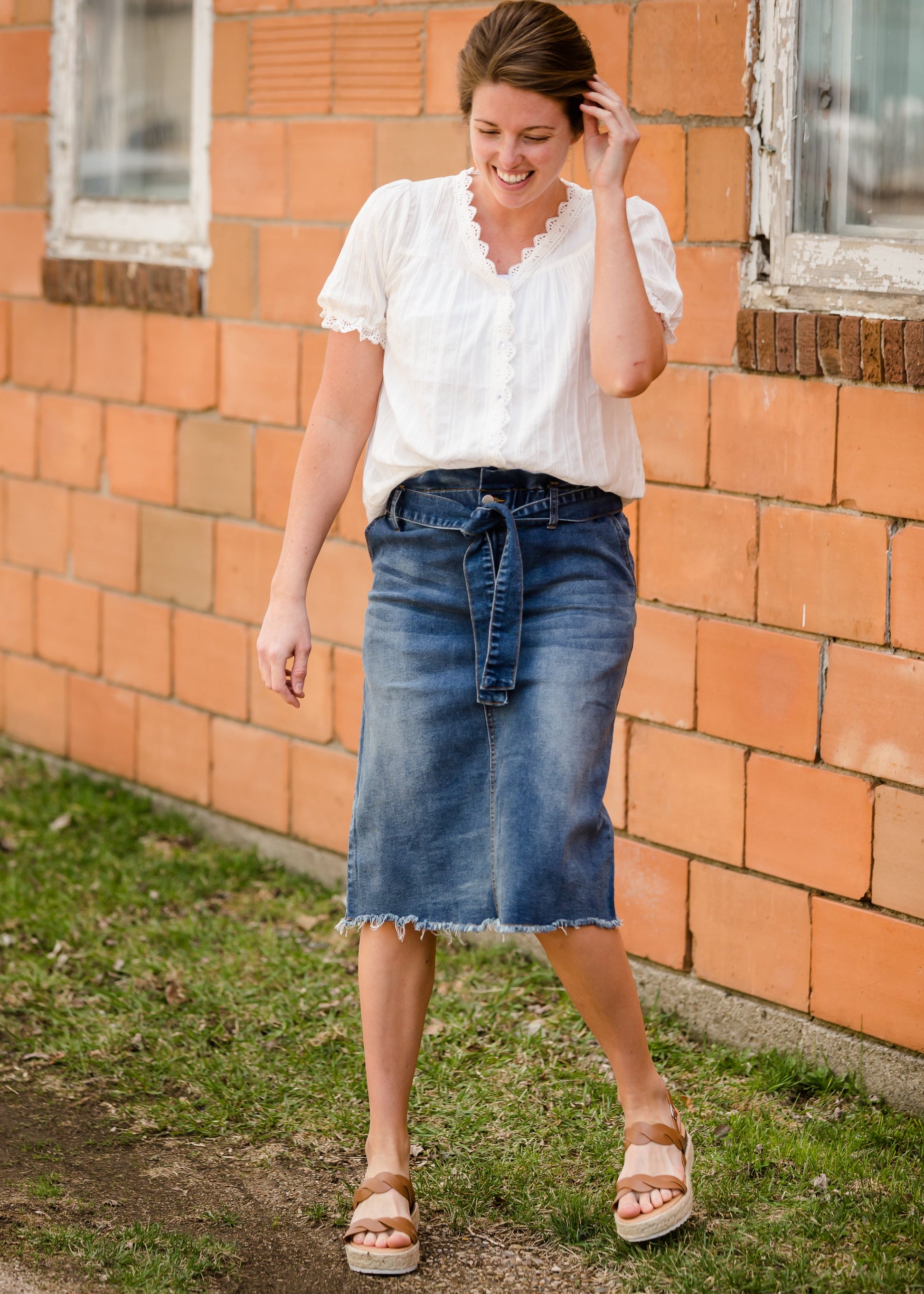 Paperbag Denim Tie Midi Skirt Skirts