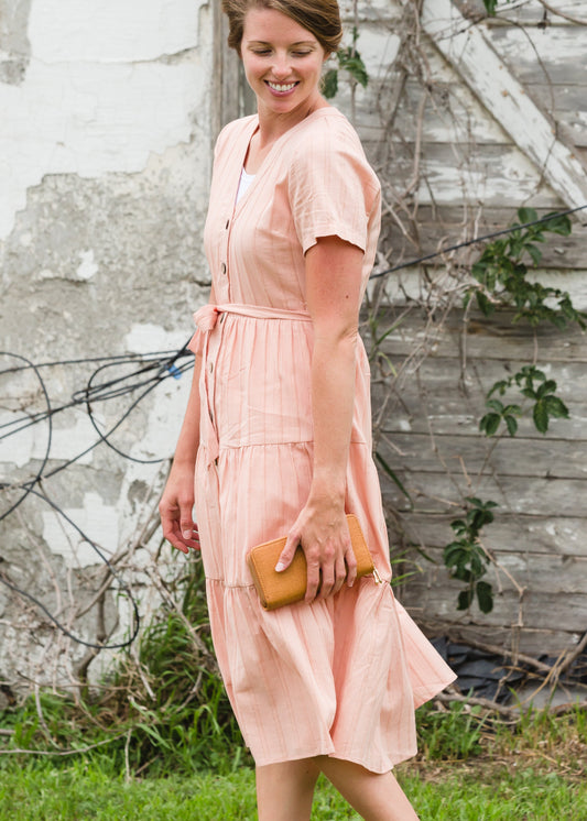 Peach Button Front V-Neck Midi Dress - FINAL SALE Dresses