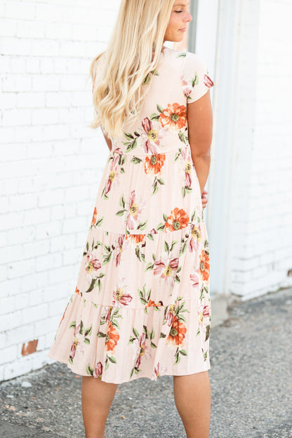 Peach Floral Tiered Midi Dress Dresses