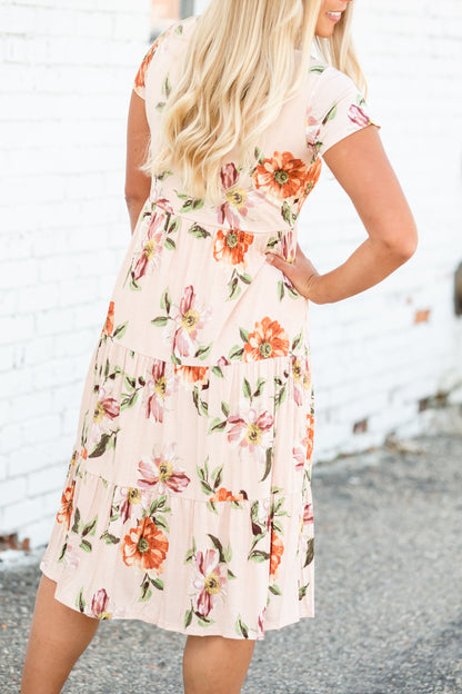 Peach Floral Tiered Midi Dress Dresses