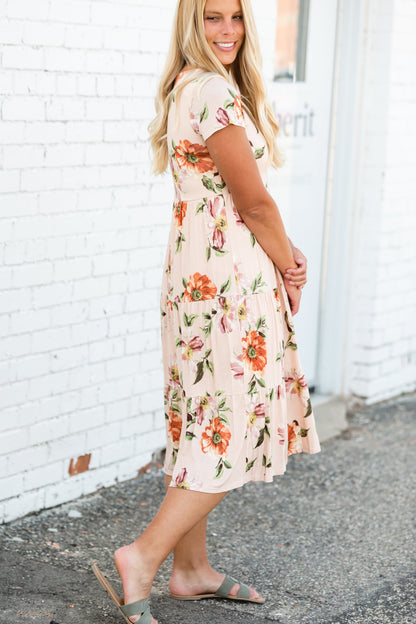 Peach Floral Tiered Midi Dress Dresses