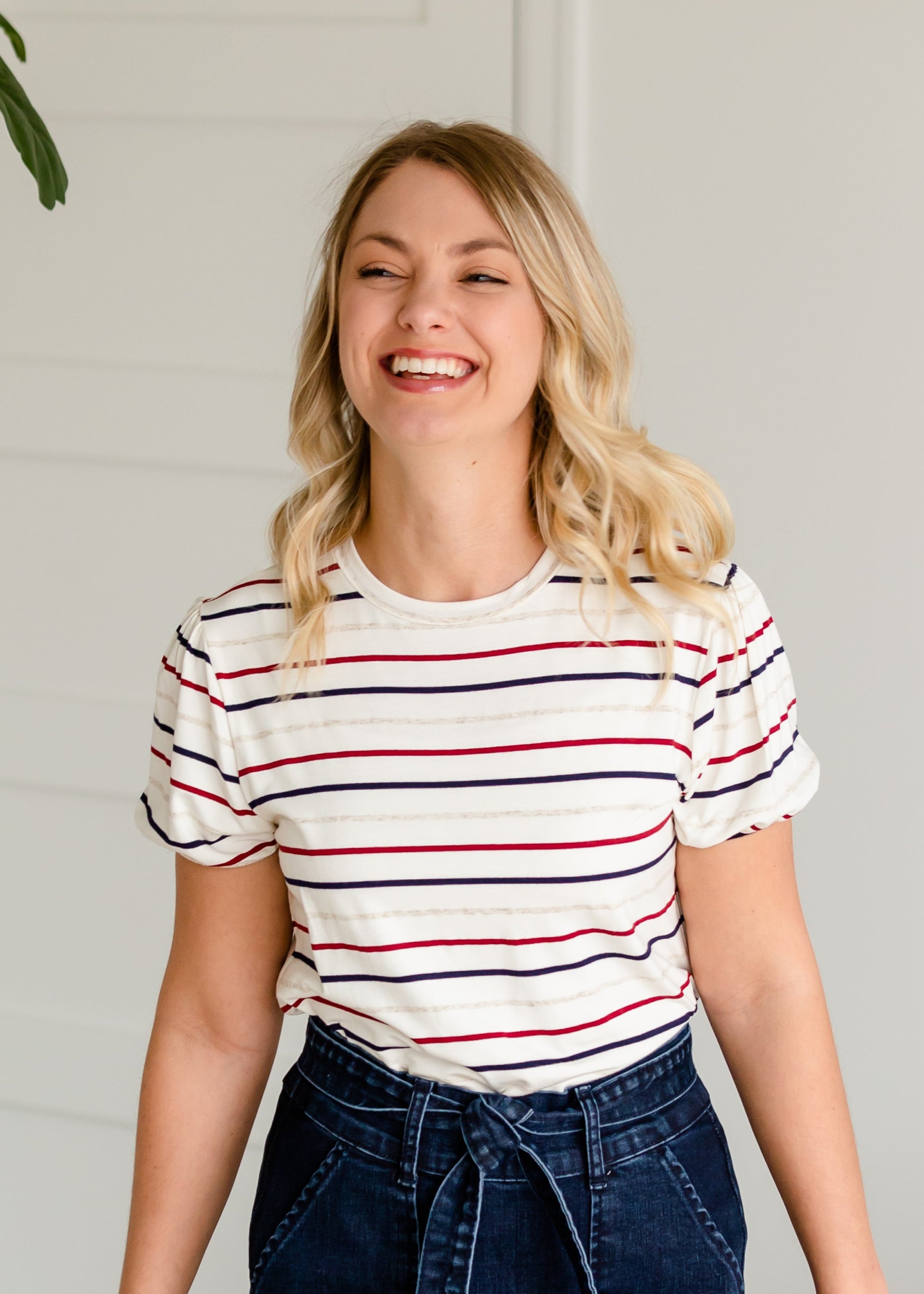 Pencil Striped Short Balloon Sleeve Tee - FINAL SALE Tops