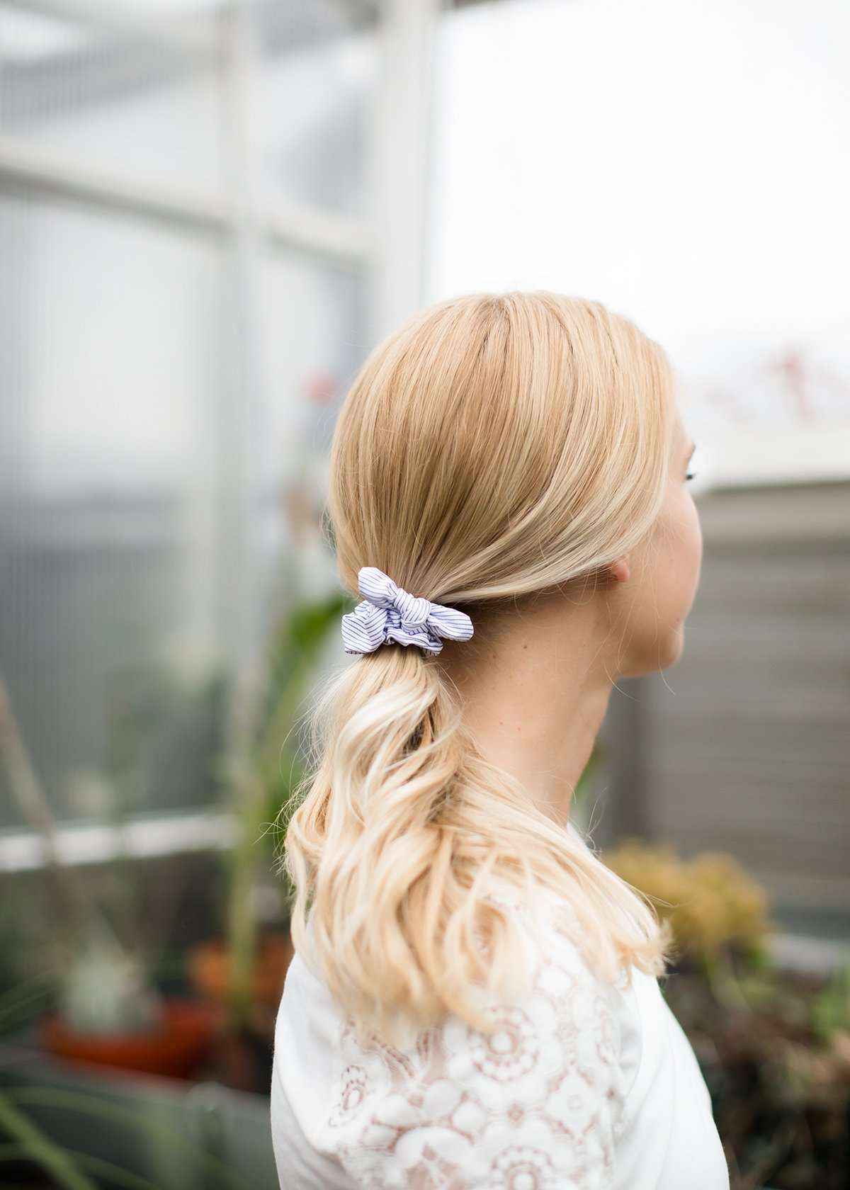 blue and white pinstripe bow scrunchie