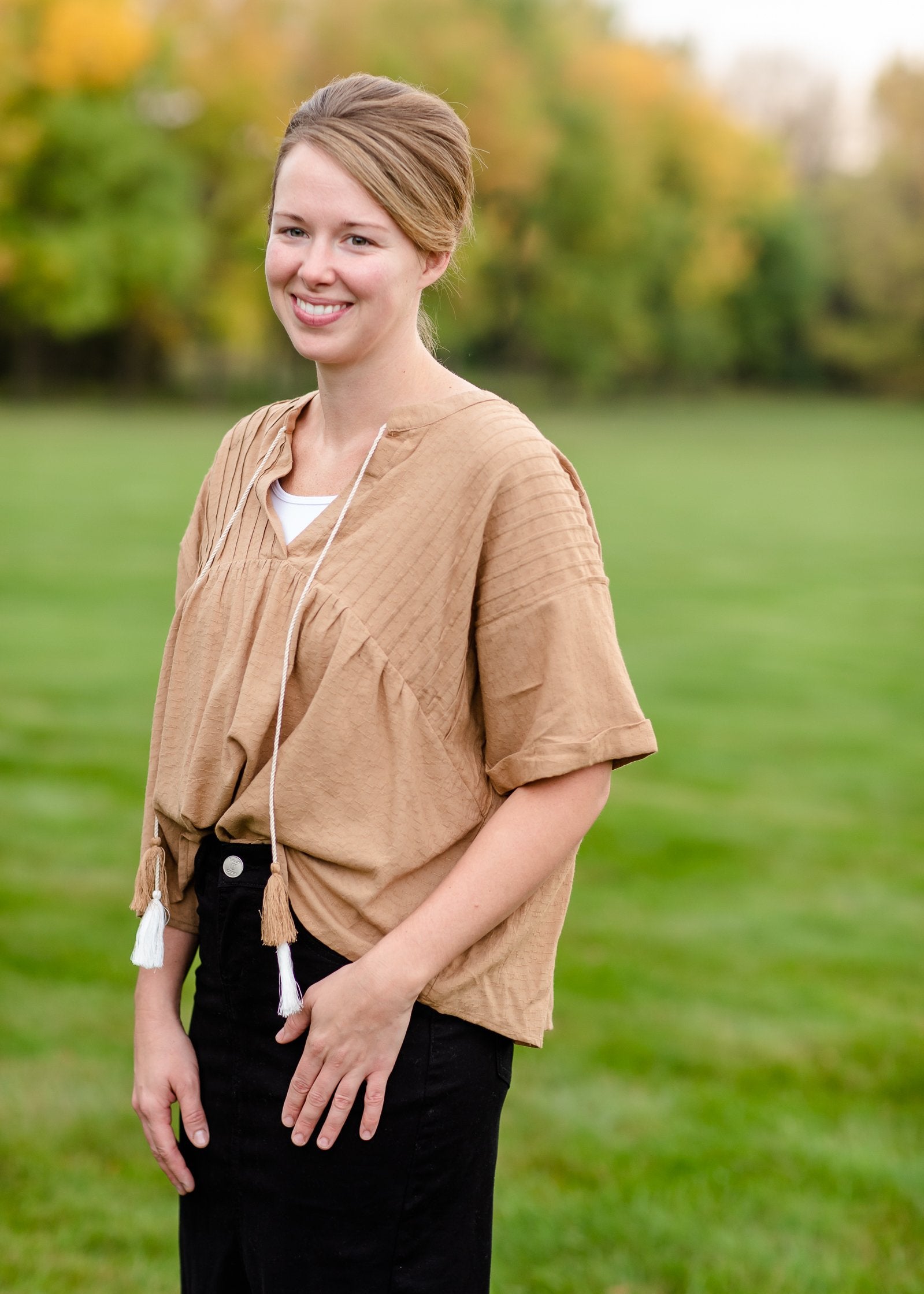 Pin-Tuck Textured Linen Tassel Half Sleeve Top Tops VOY Taupe / S