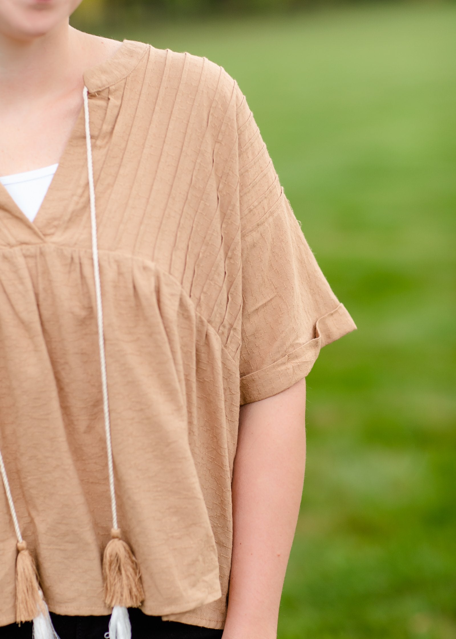 Pin-Tuck Textured Linen Tassel Half Sleeve Top Tops VOY