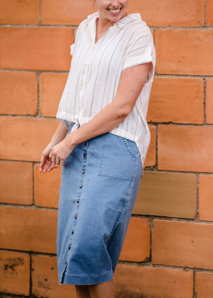 Pink and Navy Striped Button Up Top - FINAL SALE Tops