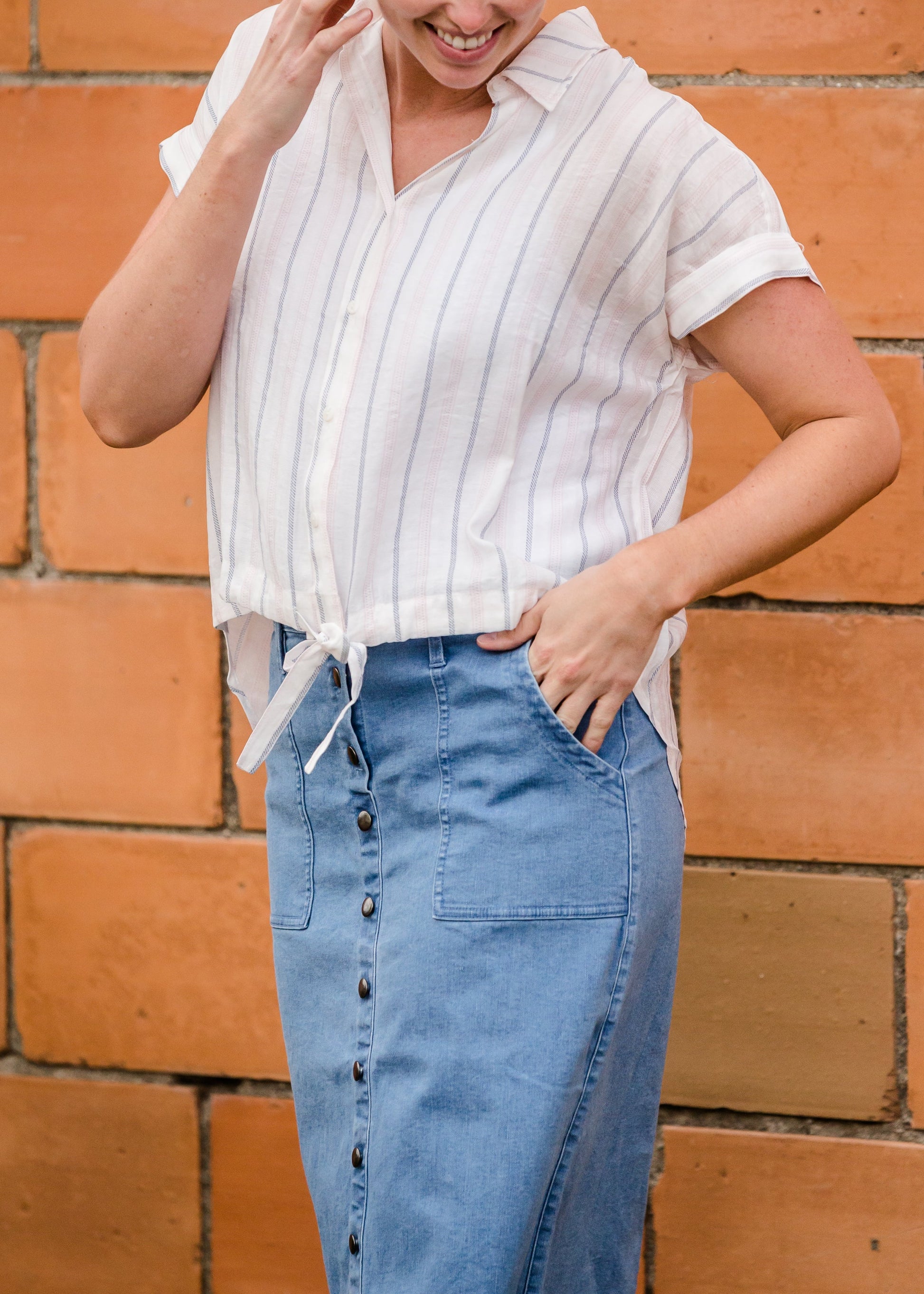 Pink and Navy Striped Button Up Top - FINAL SALE Tops