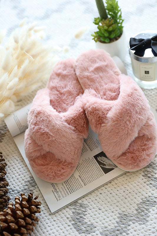 Pink Faux Fur Criss Cross Slide Slippers