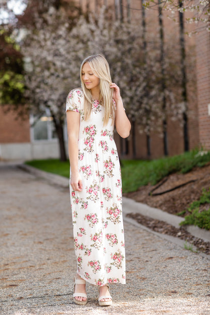 Pink Floral Cinched Waist Maxi Dress Dresses