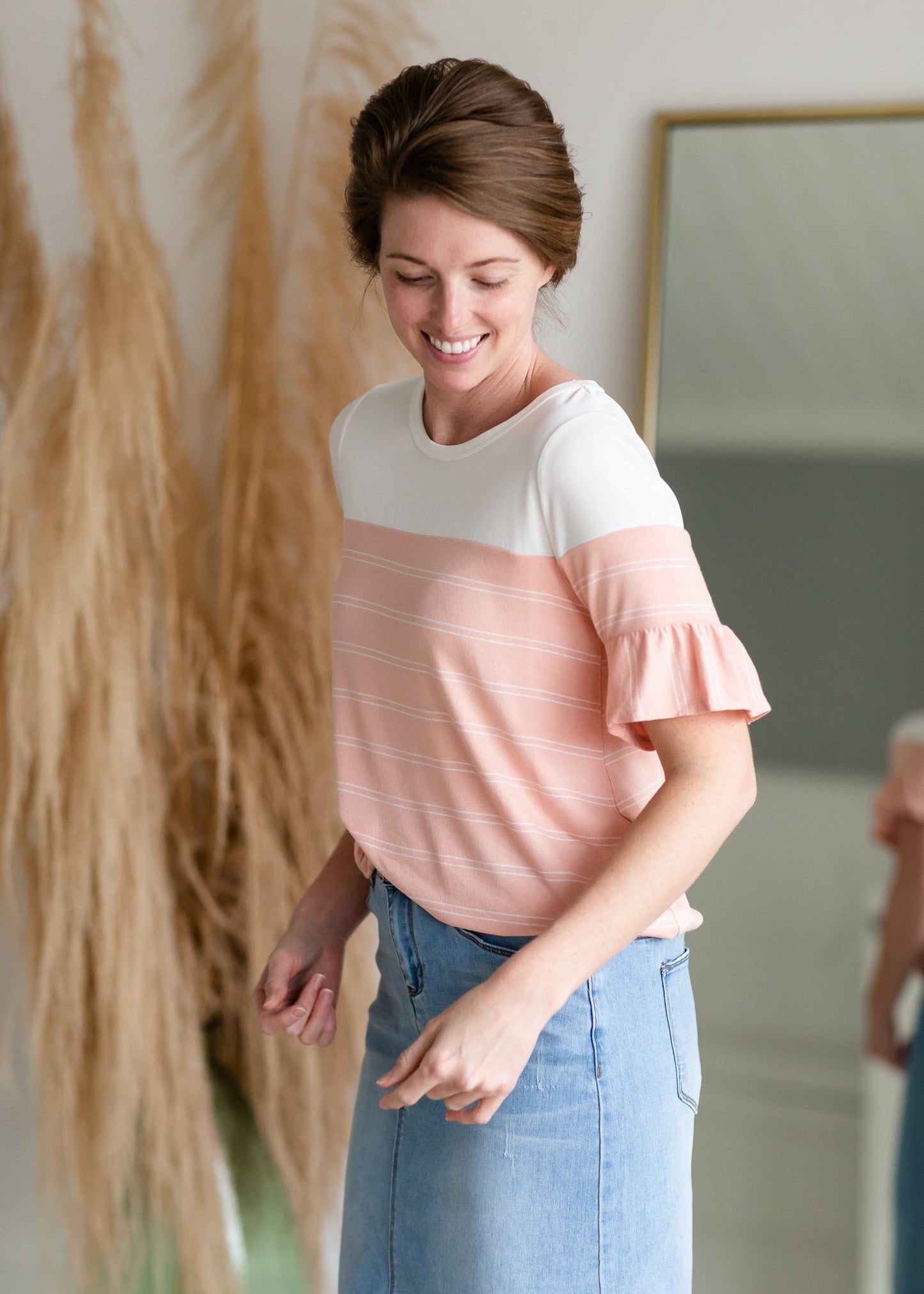 Pink & White Simple Striped Ruffle Sleeve Top Shirt Hailey & Co