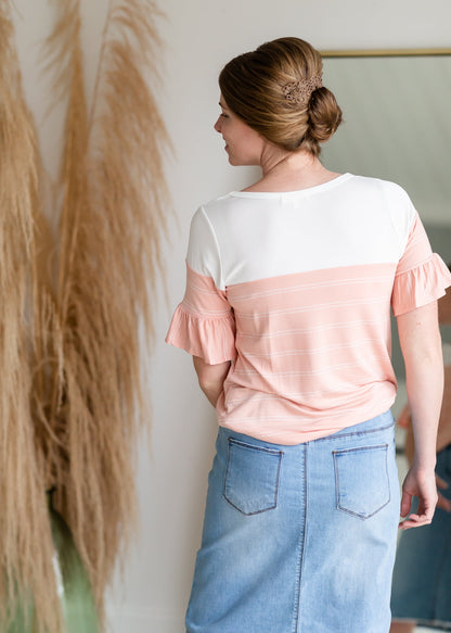 Pink & White Simple Striped Ruffle Sleeve Top Shirt Hailey & Co