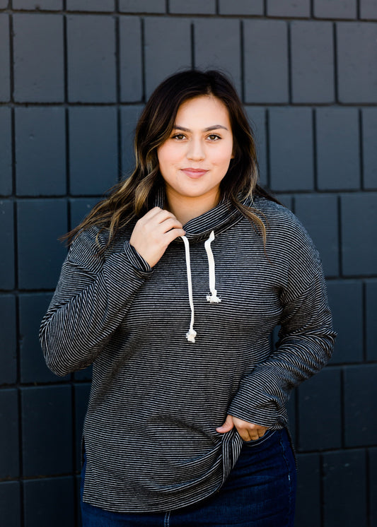 black and white pin stripe tri blend top