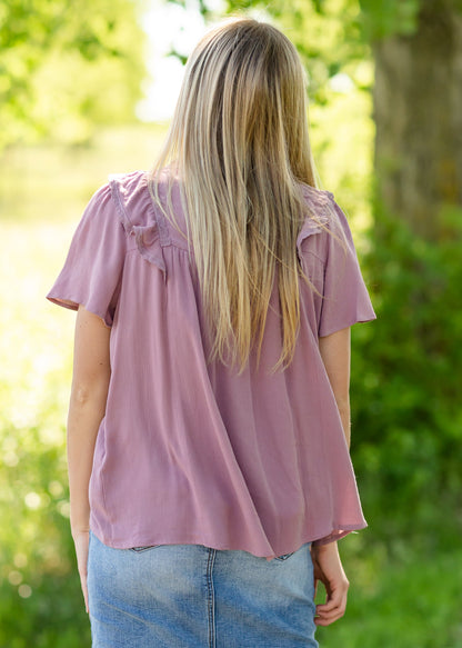 Pintuck Yoke Blouse With Lace Trim - FINAL SALE Tops