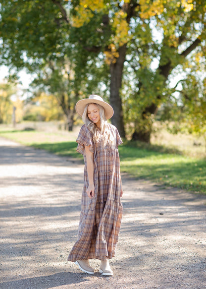 Plaid Button Down Flutter Sleeve Tiered Maxi Dress Dresses Dress Forum