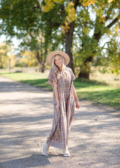 Plaid Button Down Flutter Sleeve Tiered Maxi Dress Dresses Dress Forum