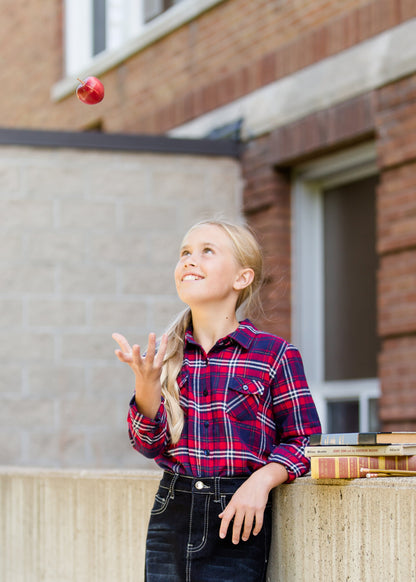 girls modest red and blue plaid flannel button up top