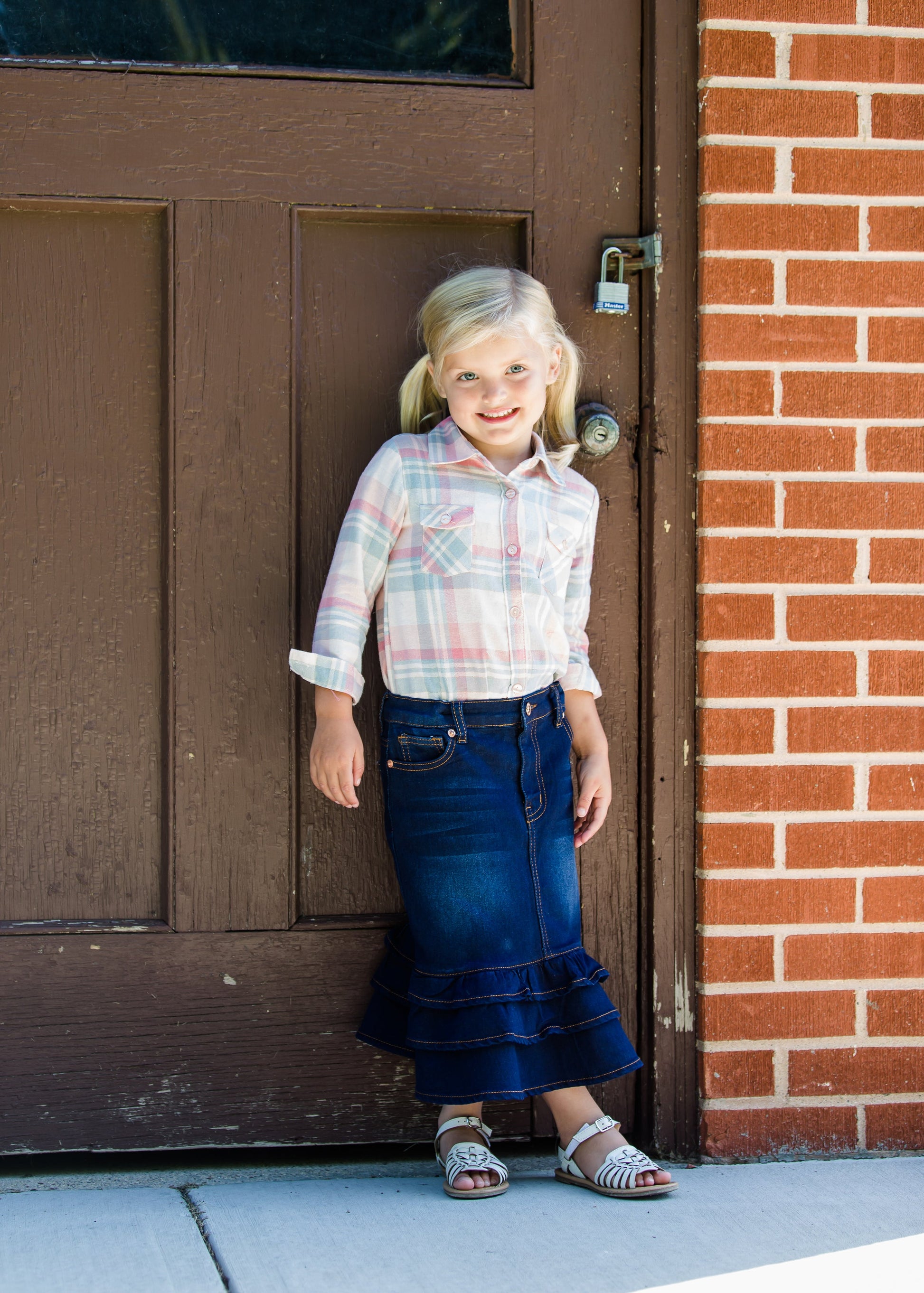 plaid button up pink and mint top