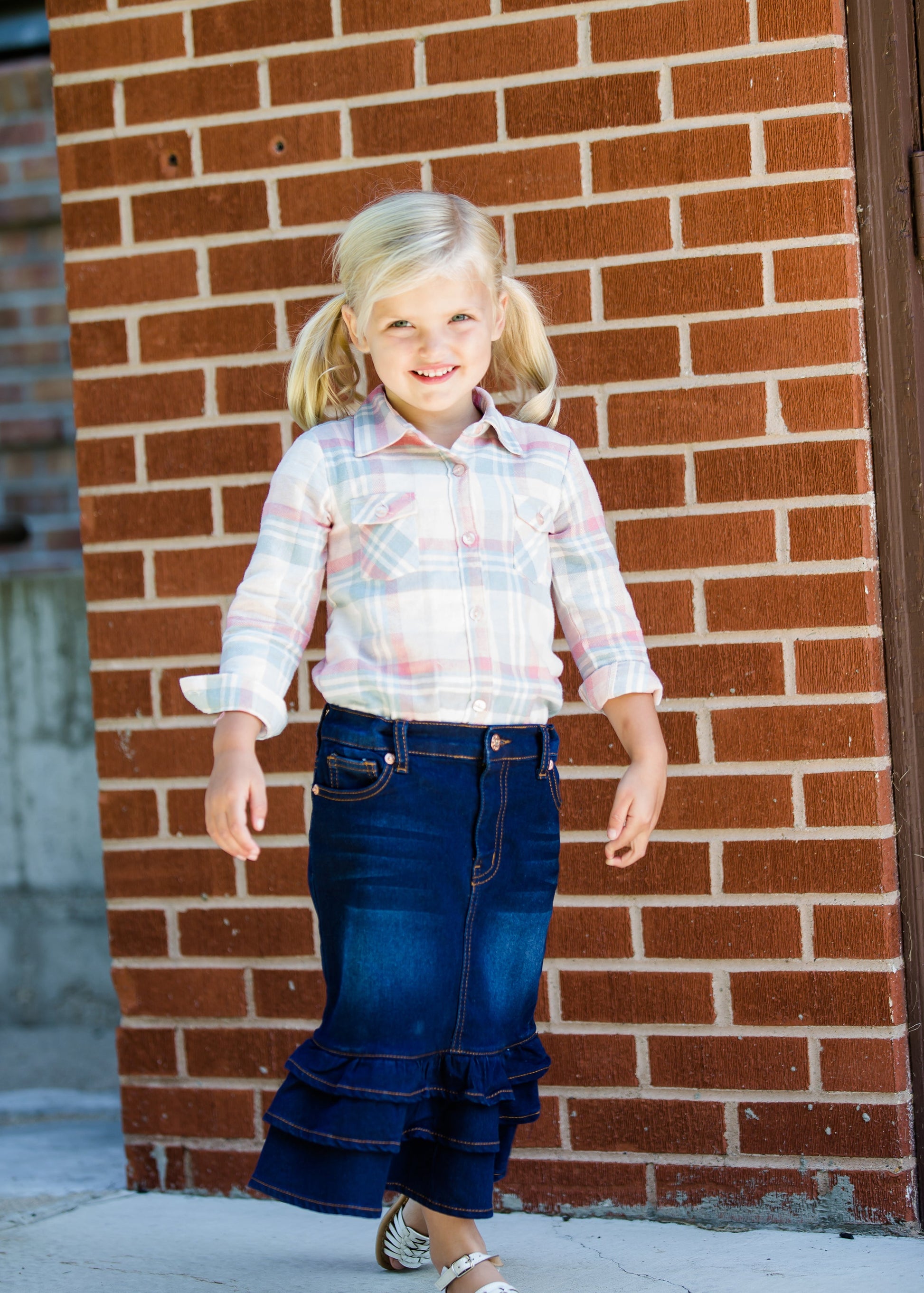 plaid button up pink and mint top