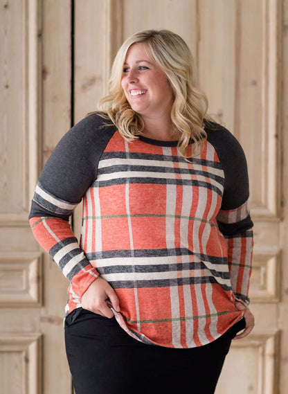 Plaid Print Raglan Tops