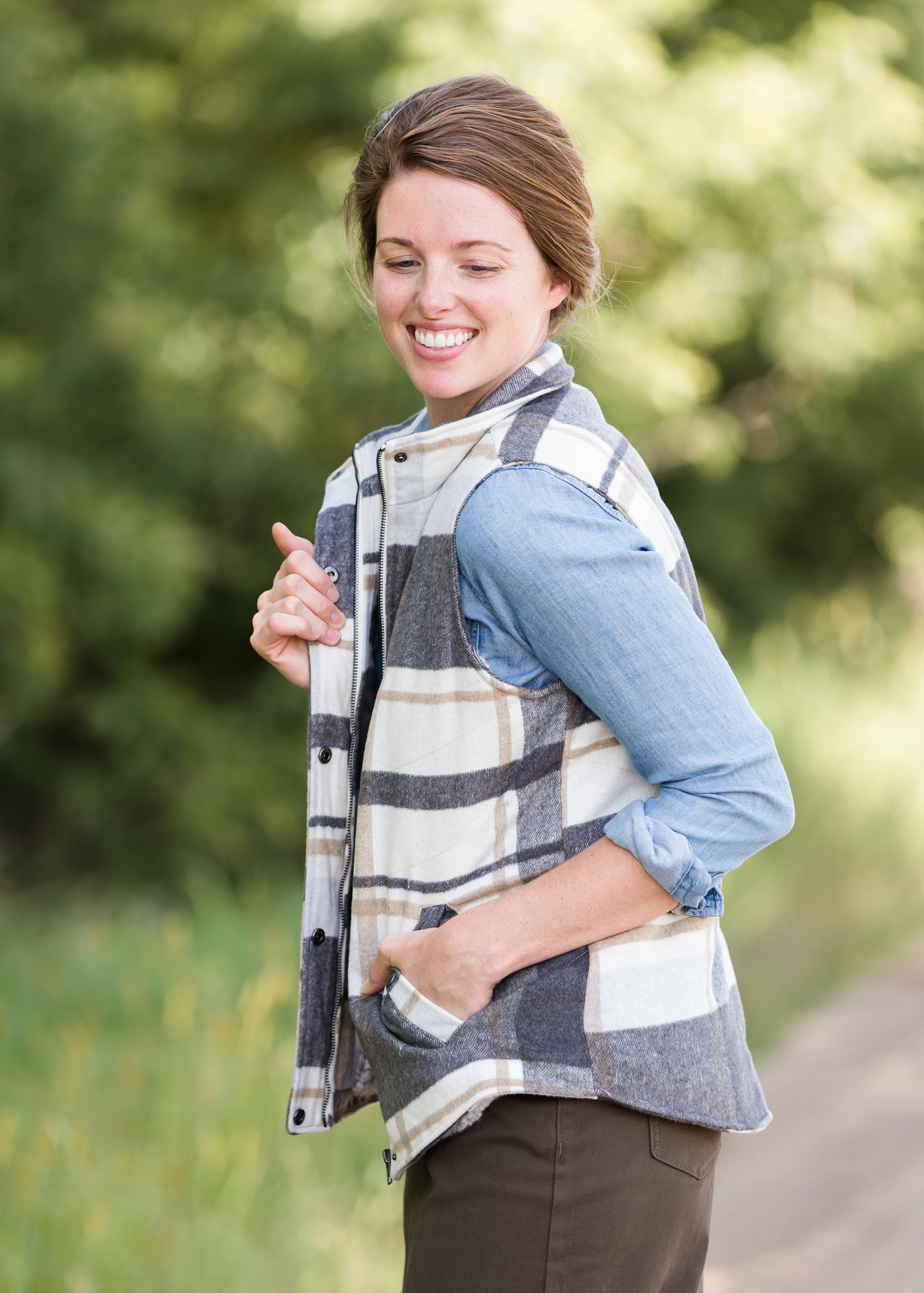 Womens Gray and Blue Plaid Print Sherpa Lined Vest