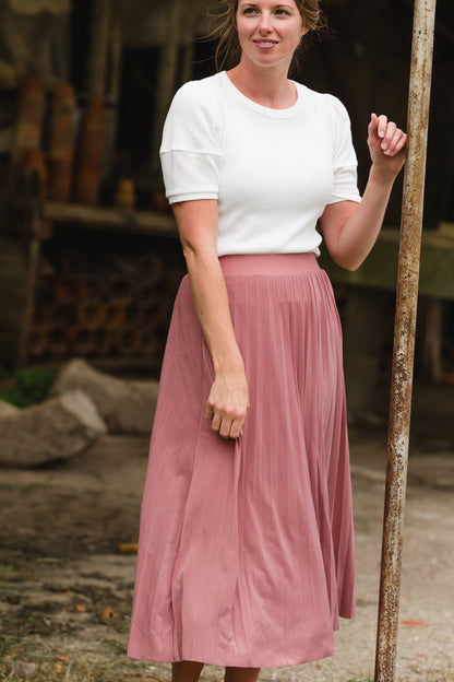 Pleated Mauve Stretch Waist Midi Skirt - FINAL SALE Skirts