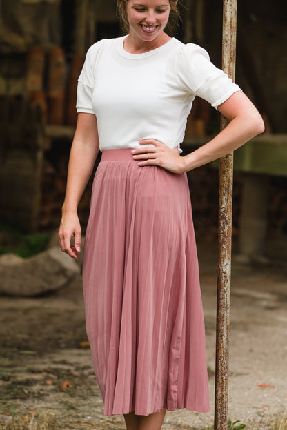 Pleated Mauve Stretch Waist Midi Skirt - FINAL SALE Skirts