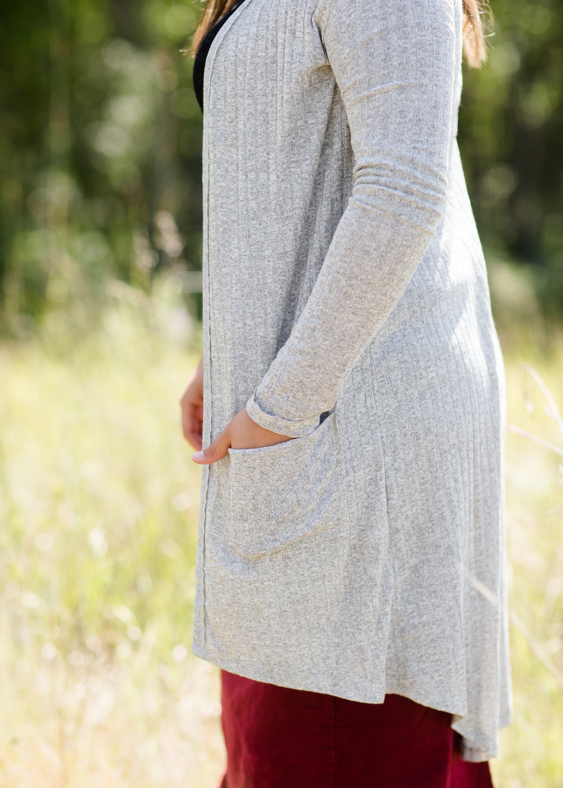 gray ribbed long open front cardigan