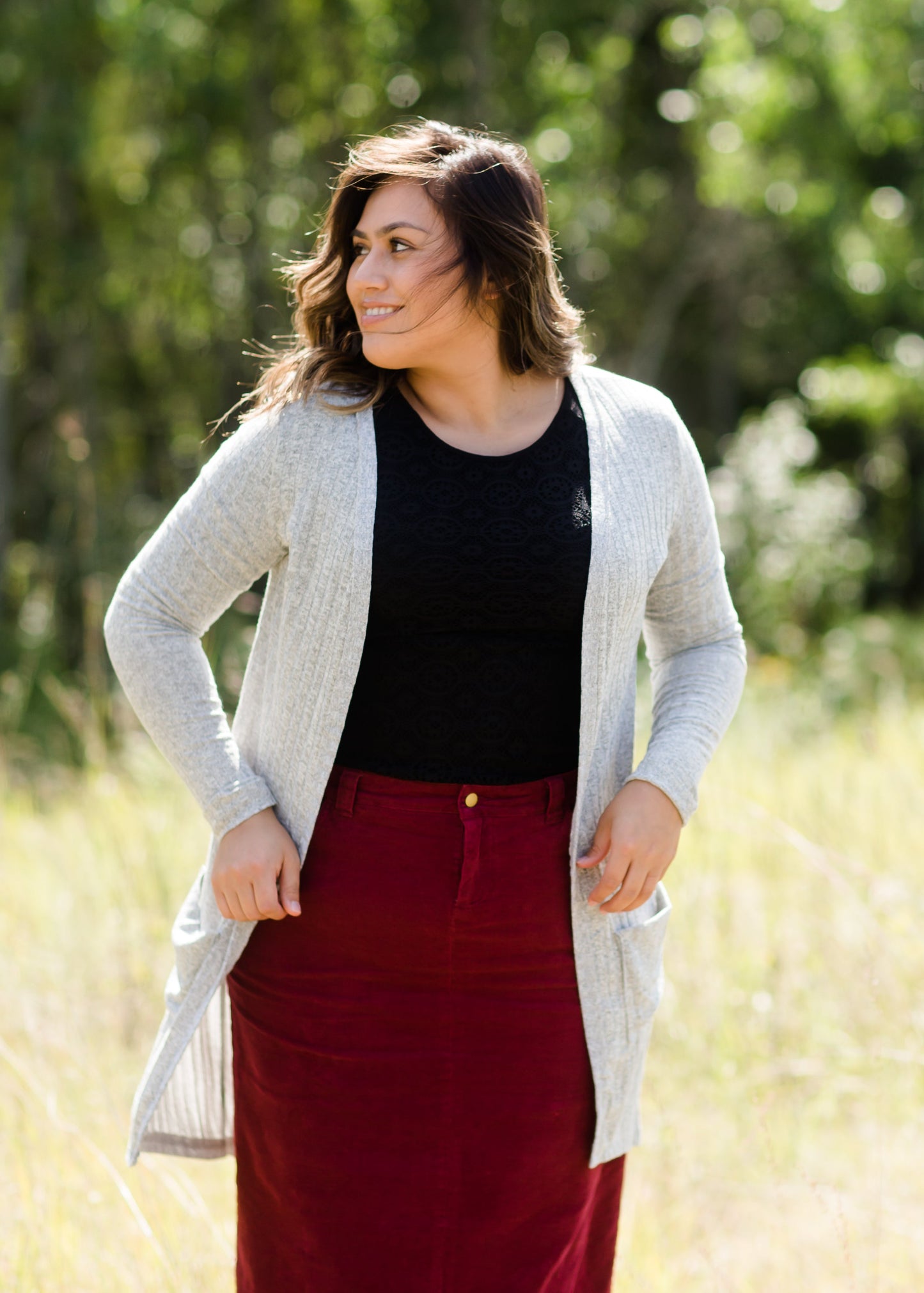 gray ribbed long open front cardigan