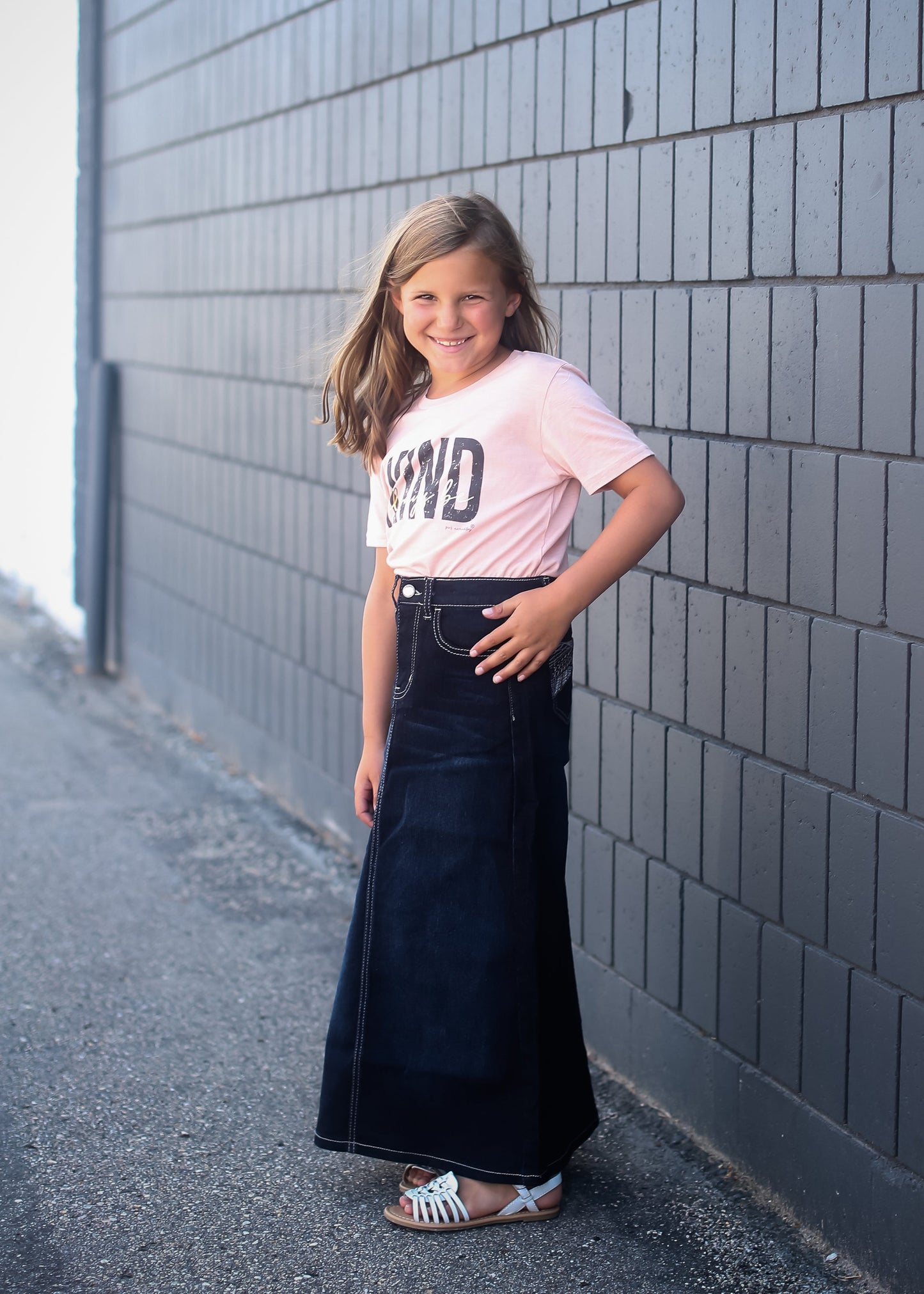 girls a-line long denim embroidered denim skirt