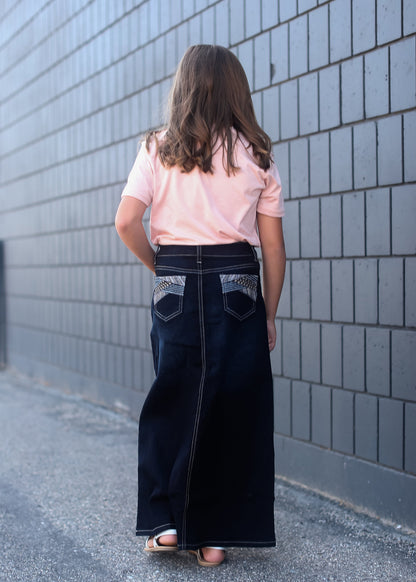 girls a-line long denim embroidered denim skirt