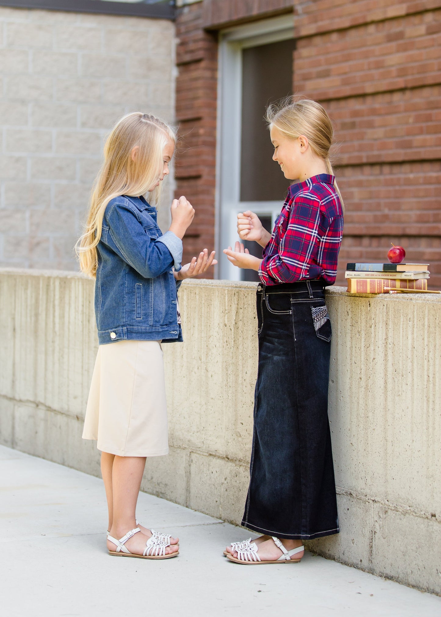 girls a-line long denim embroidered denim skirt