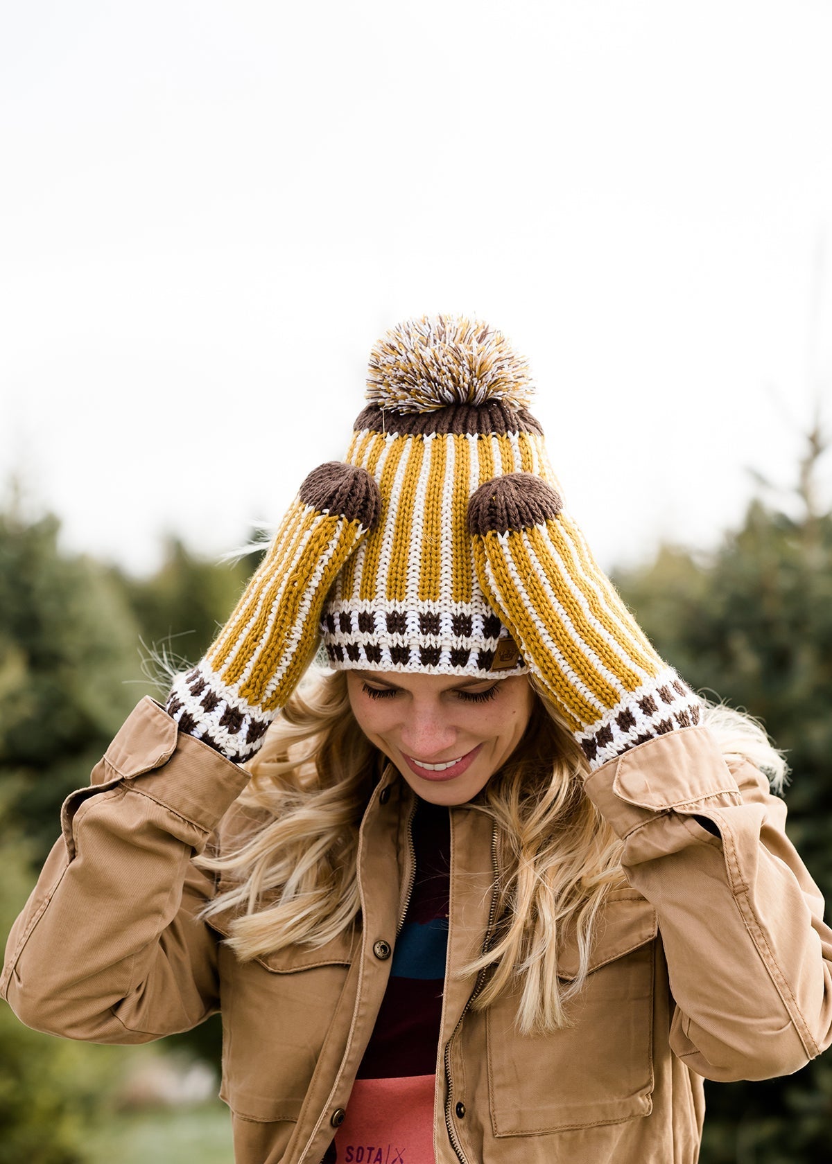 Pom Pom Fleece Lined Hat or Mittens - FINAL SALE Accessories Mustard / Hat