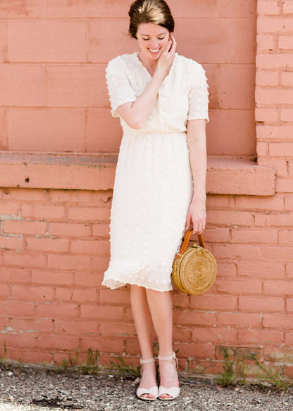 pom pom textured white modest midi dress