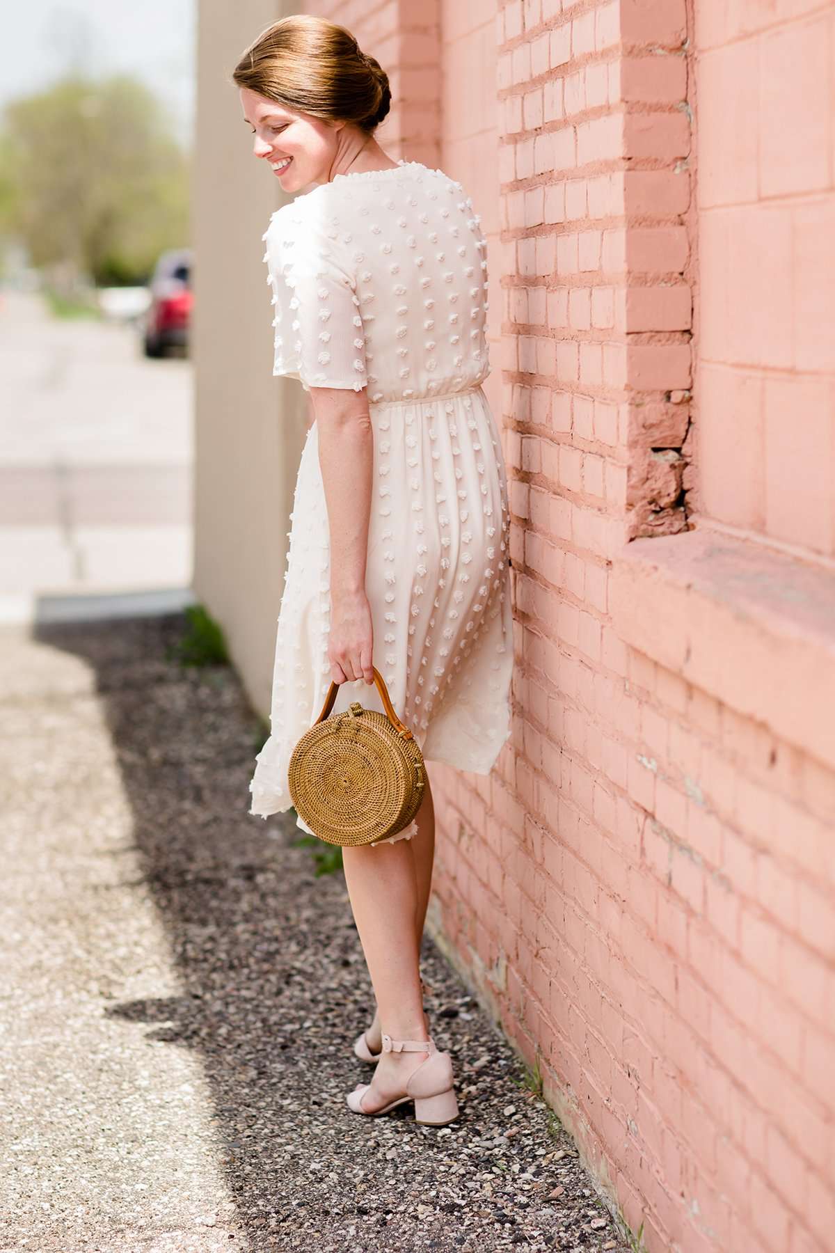 pom pom textured white modest midi dress