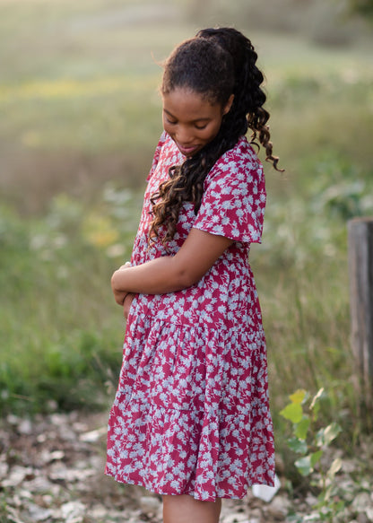 Pompeian Red Floral Midi Dress Dresses Mikarose