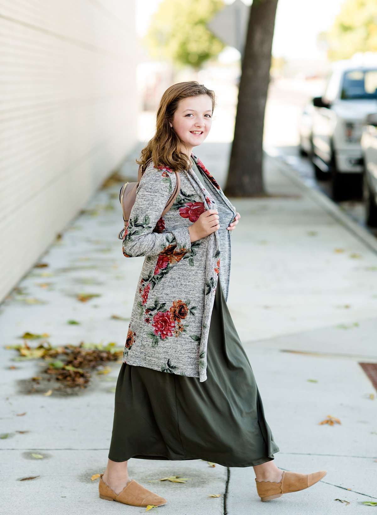 Modest Girls Gray and Burgandy Floral Long Cardigan