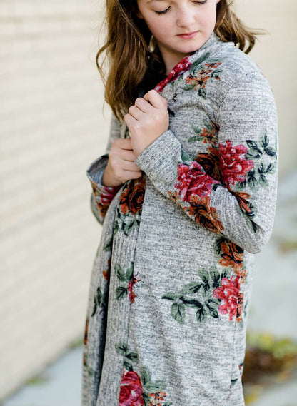 Modest Girls Gray and Burgandy Floral Long Cardigan